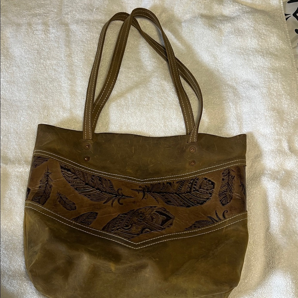 Hand Made Custom Brown Leather Tote Bag with Embossed Feather Design